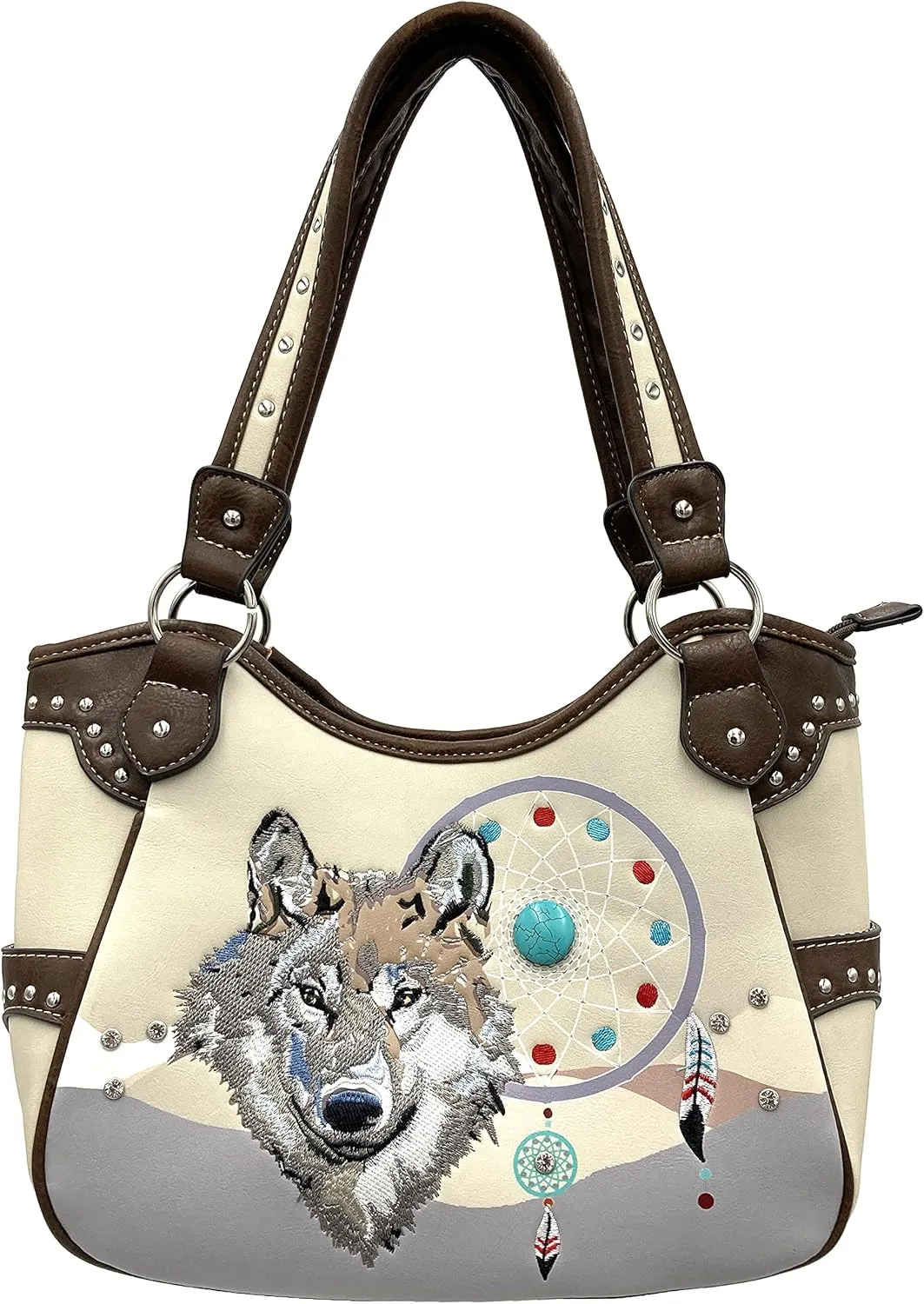 Wolf Embroidery Dream Catcher Feather Tribal Conceal Carry Tote Handbag Purse