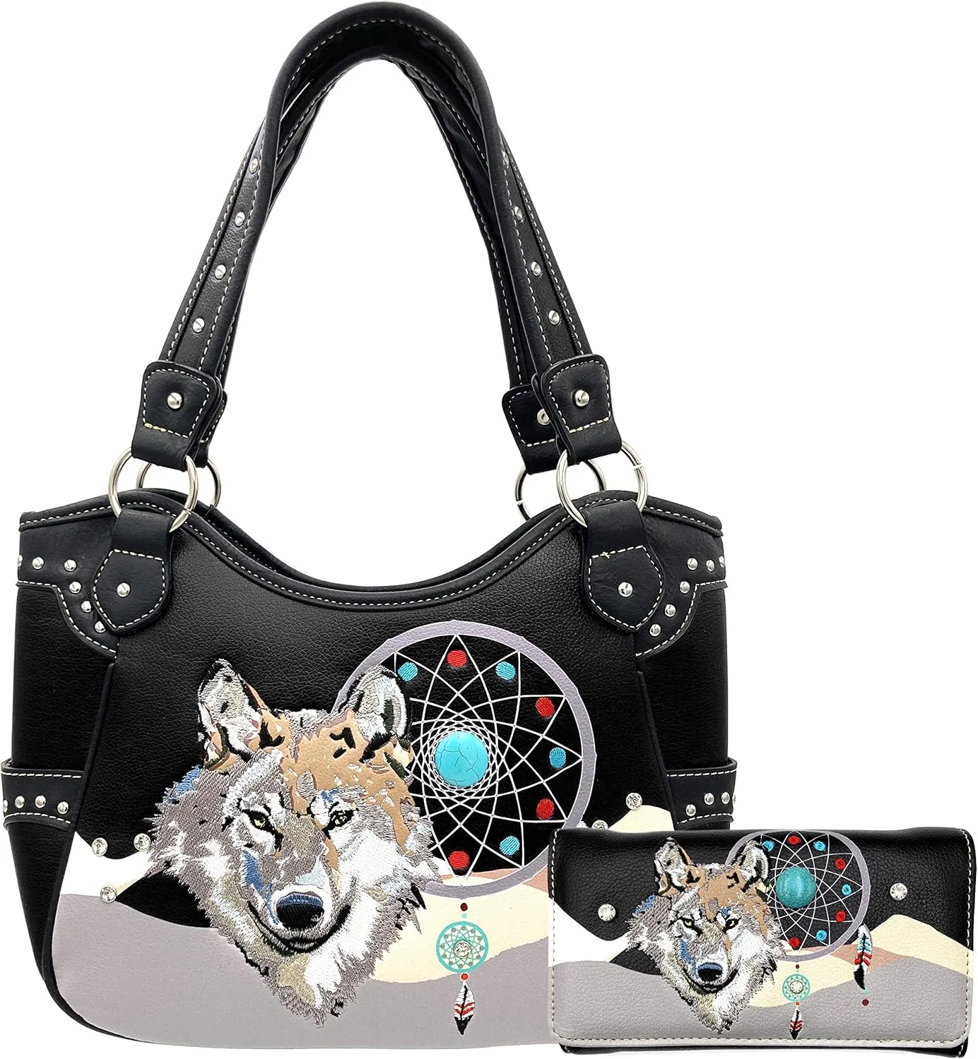 Wolf Embroidery Dream Catcher Feather Tribal Conceal Carry Tote Handbag Purse