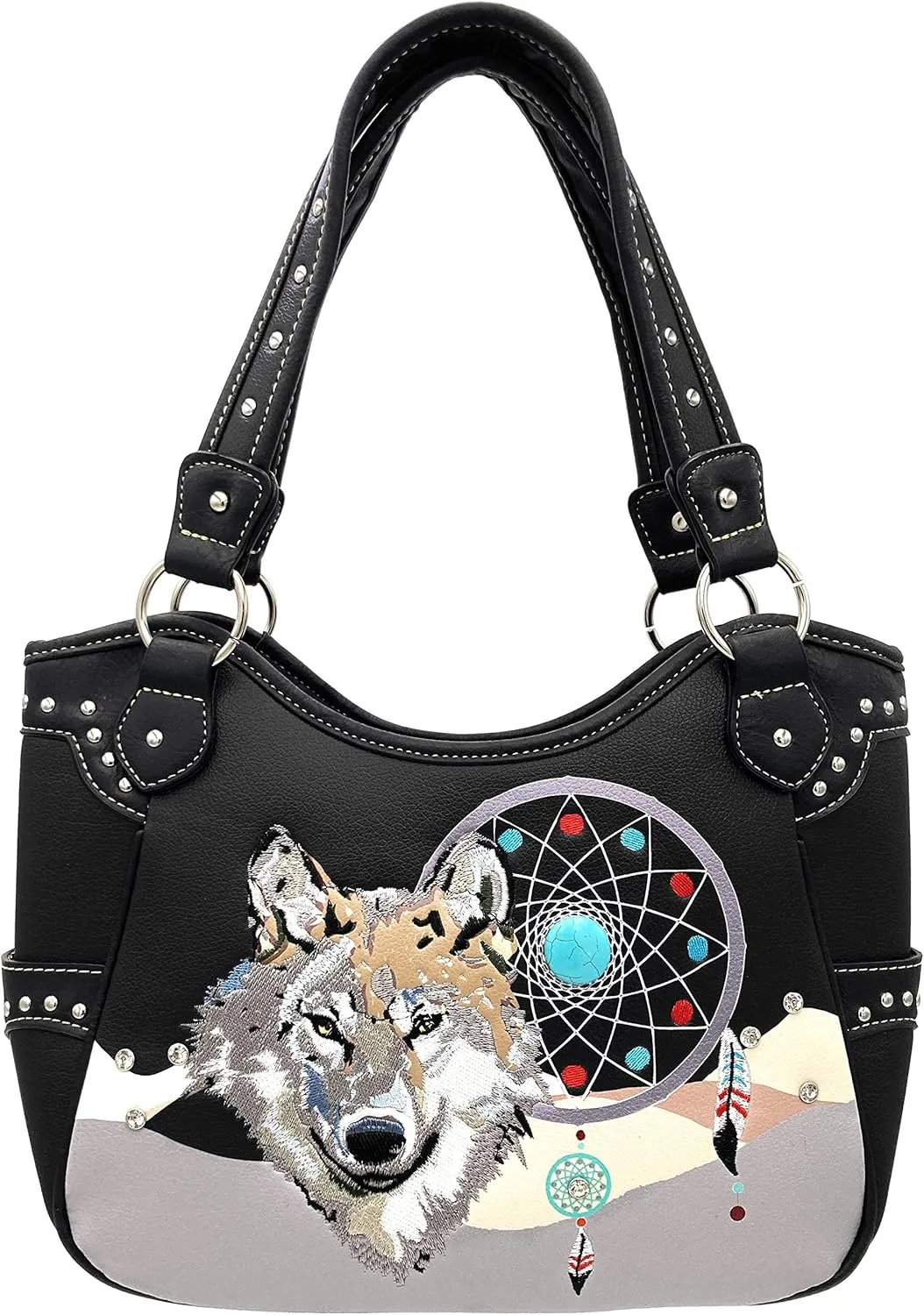 Wolf Embroidery Dream Catcher Feather Tribal Conceal Carry Tote Handbag Purse
