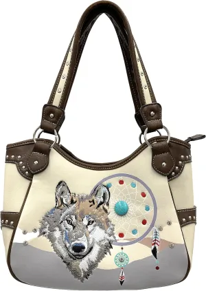 Wolf Embroidery Dream Catcher Feather Tribal Conceal Carry Tote Handbag Purse