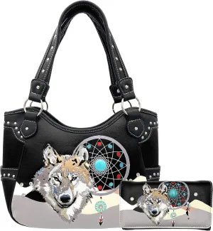 Wolf Embroidery Dream Catcher Feather Tribal Conceal Carry Tote Handbag Purse