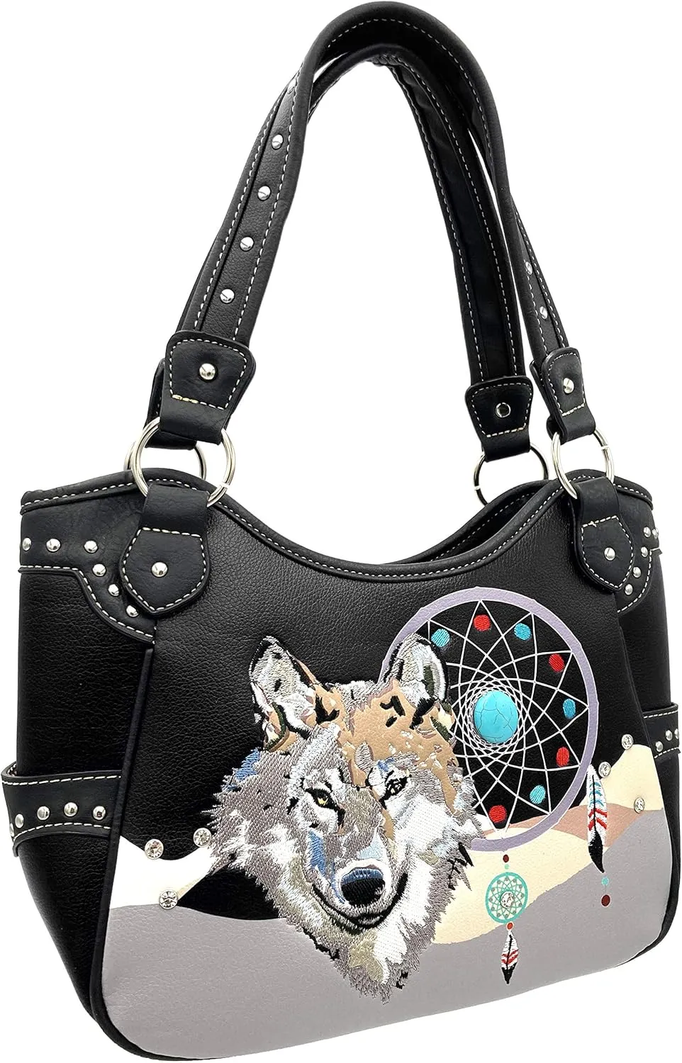 Wolf Embroidery Dream Catcher Feather Tribal Conceal Carry Tote Handbag Purse