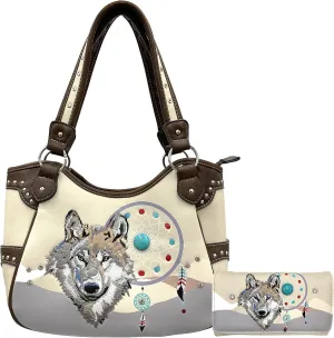 Wolf Embroidery Dream Catcher Feather Tribal Conceal Carry Tote Handbag Purse