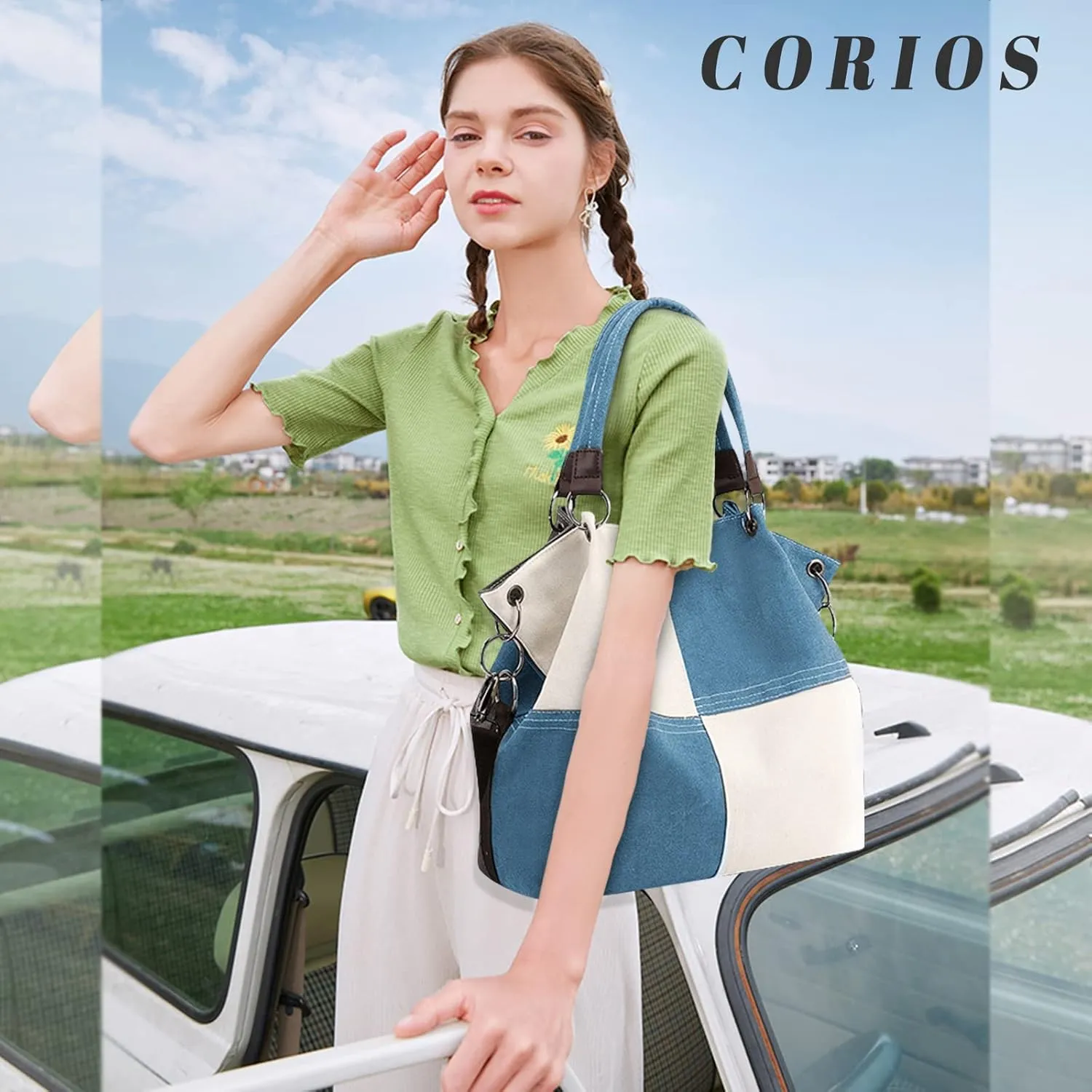Women Canvas Shoulder Tote Handbag - Casual Top Handle Multi-Pocket Crossbody Satchel Messenger