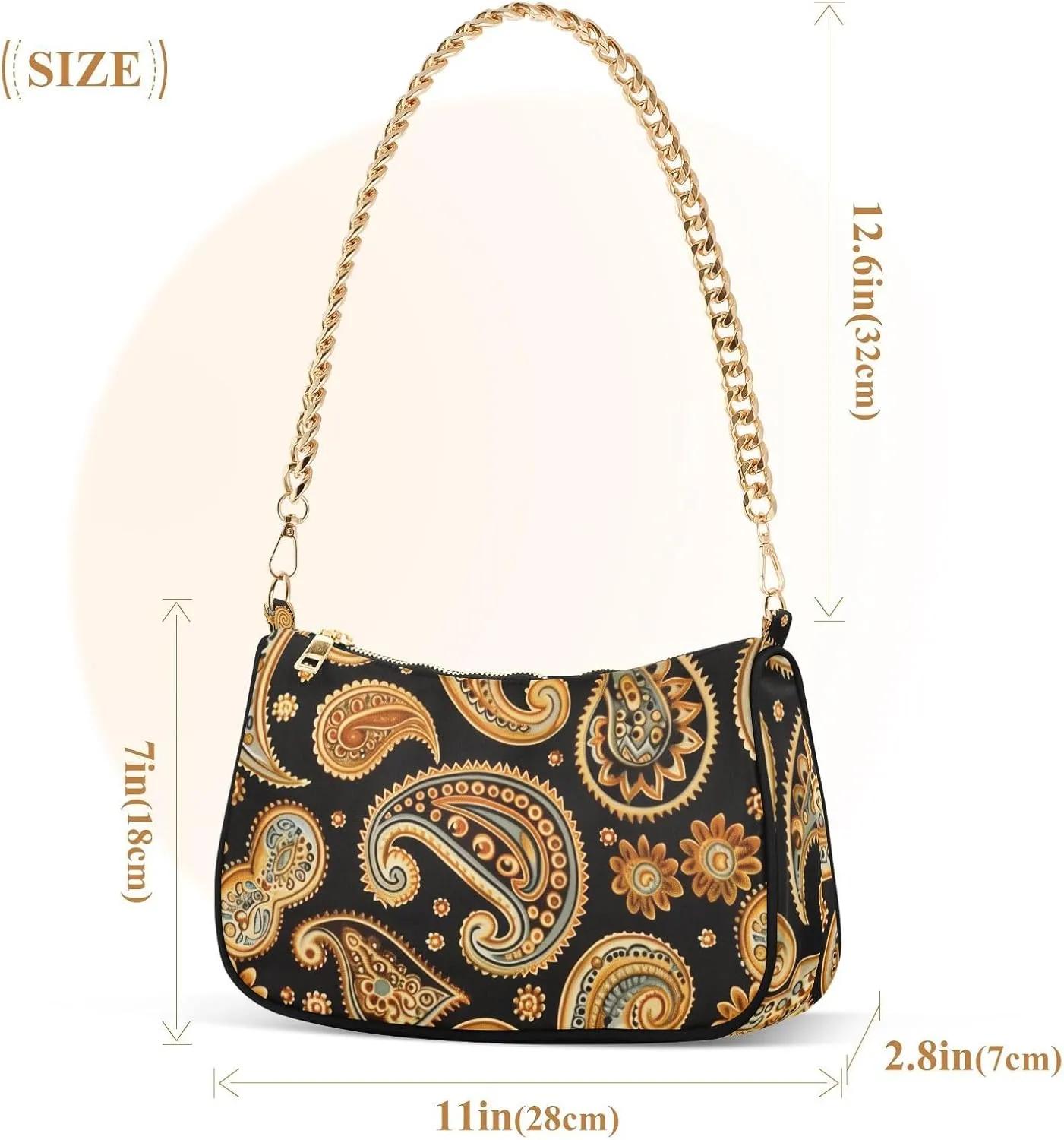 Women Chain Shoulder Purse Bag With Zipper Hobo Tote Clutch Handbags with Gold Chain Strap