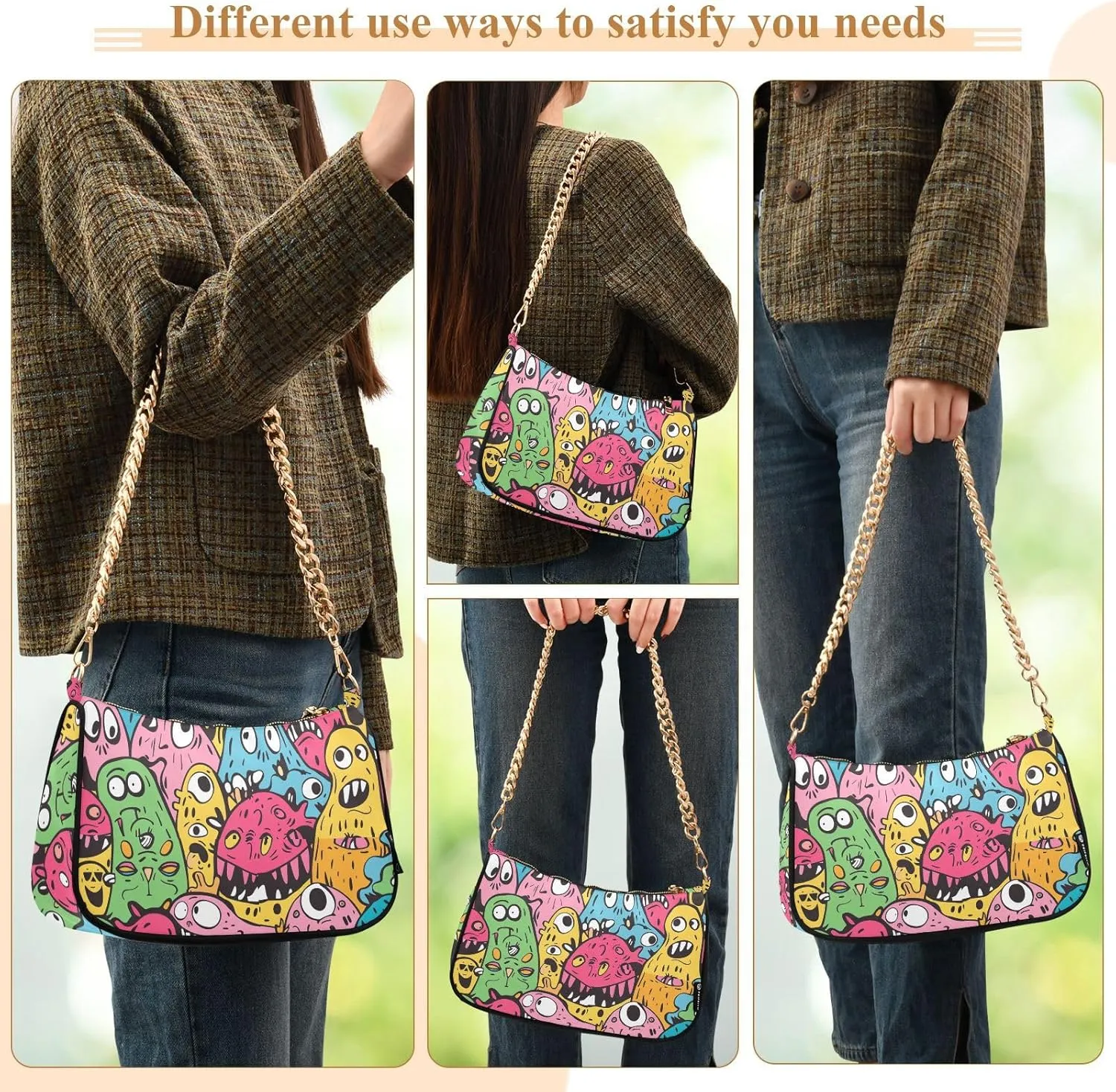 Women Chain Shoulder Purse Bag With Zipper Hobo Tote Clutch Handbags with Gold Chain Strap