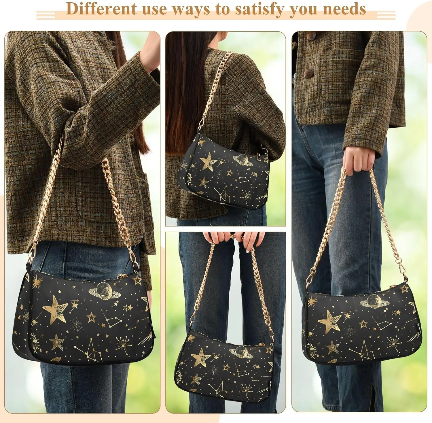 Women Chain Shoulder Purse Bag With Zipper Hobo Tote Clutch Handbags with Gold Chain Strap