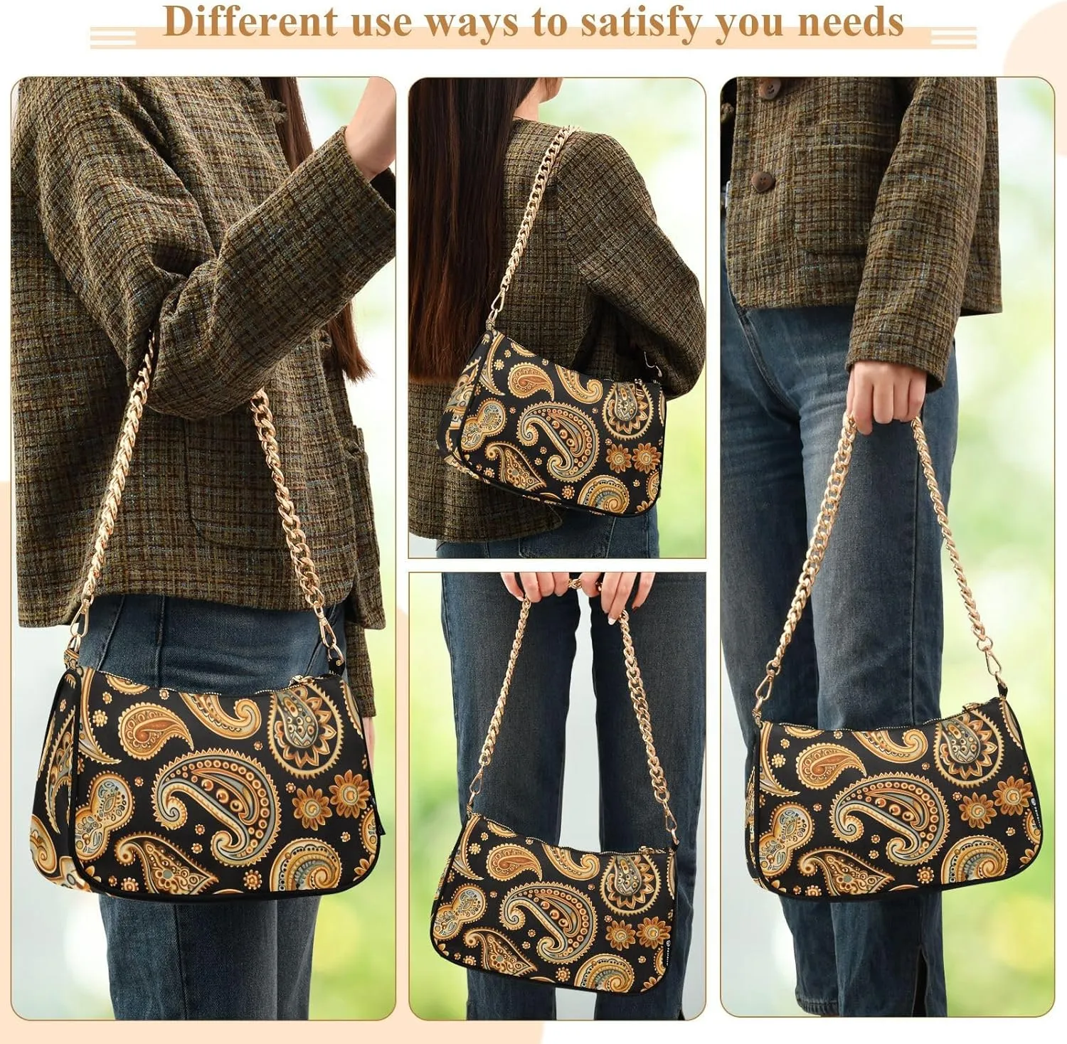 Women Chain Shoulder Purse Bag With Zipper Hobo Tote Clutch Handbags with Gold Chain Strap