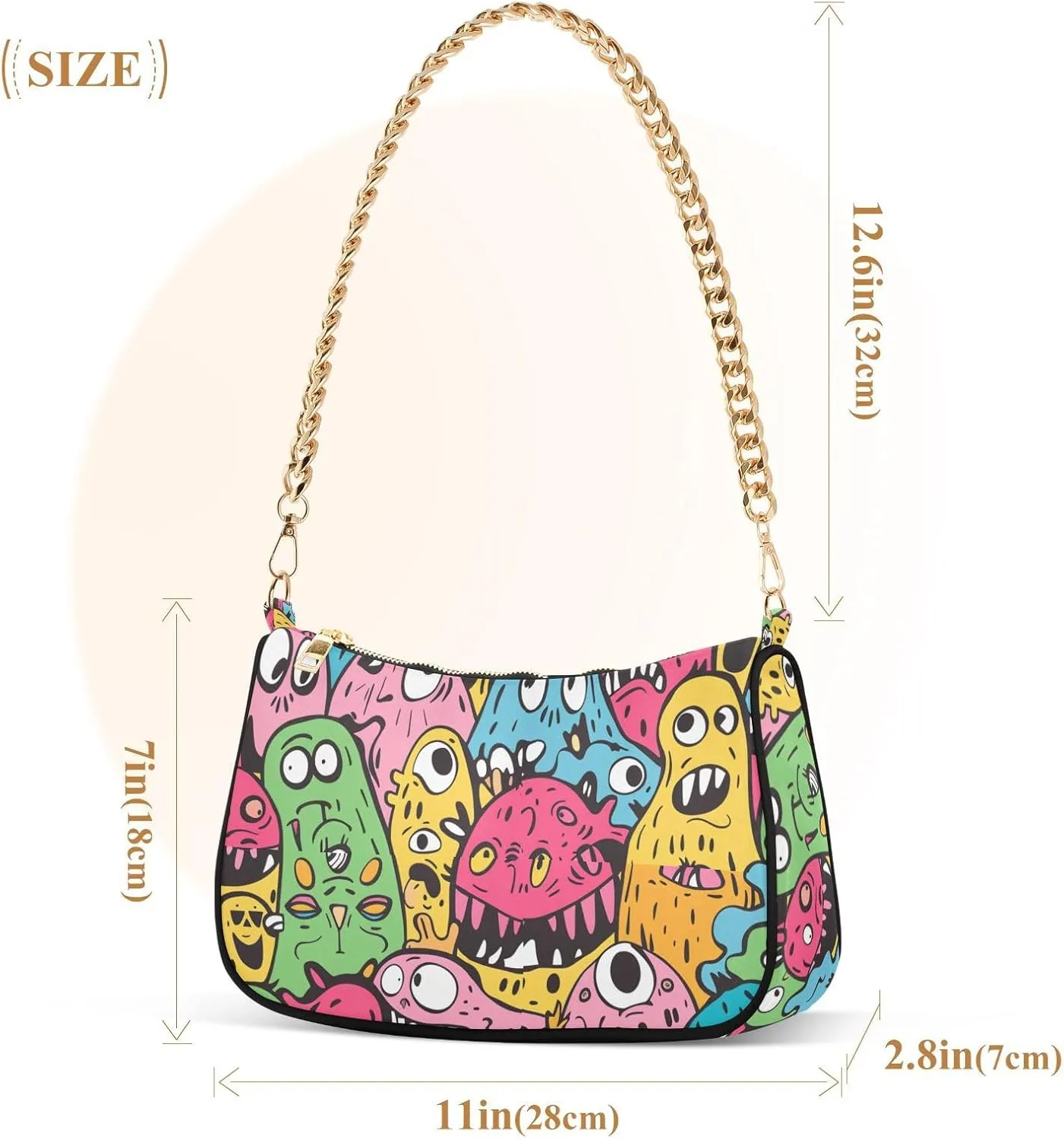 Women Chain Shoulder Purse Bag With Zipper Hobo Tote Clutch Handbags with Gold Chain Strap