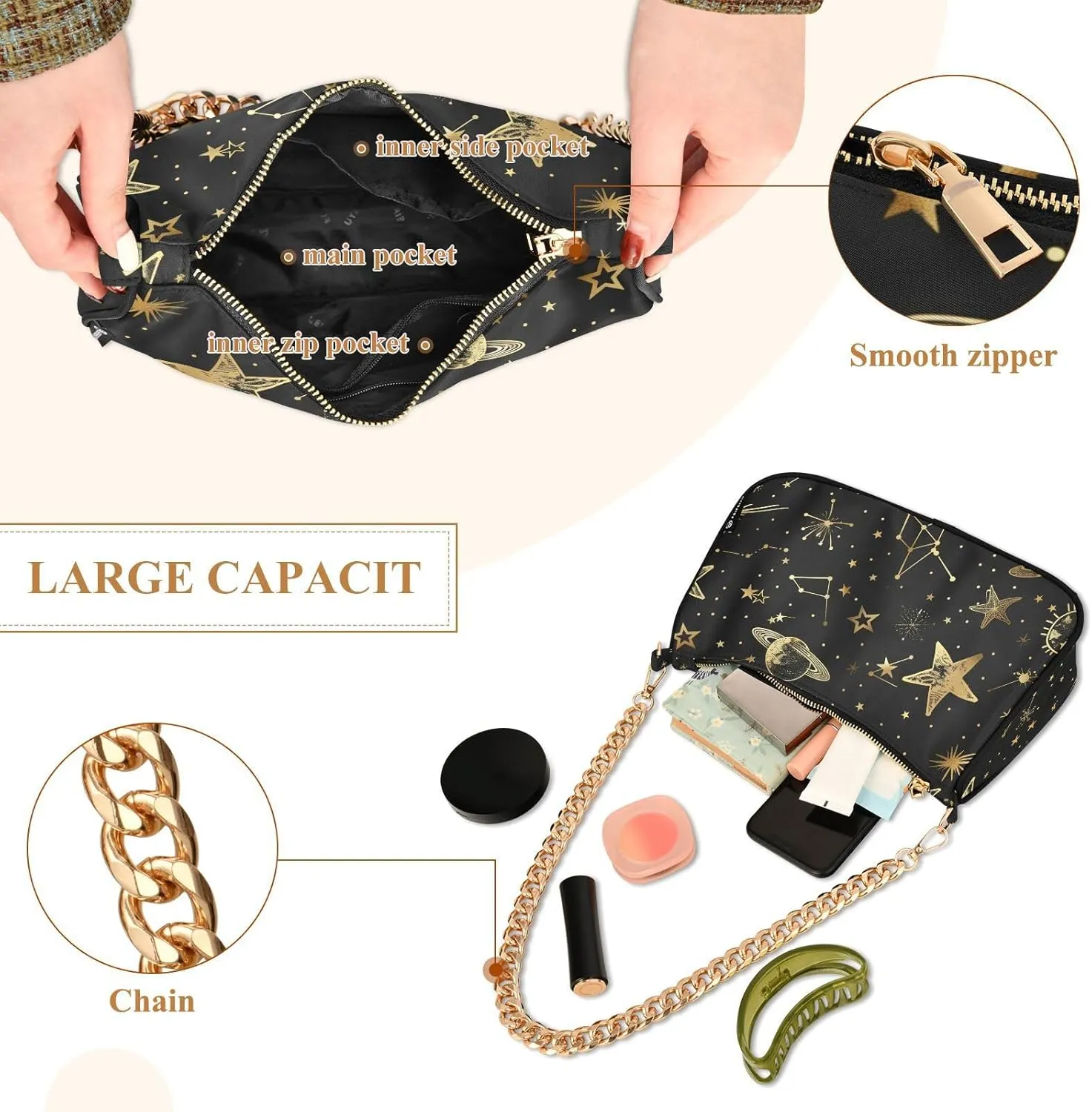 Women Chain Shoulder Purse Bag With Zipper Hobo Tote Clutch Handbags with Gold Chain Strap