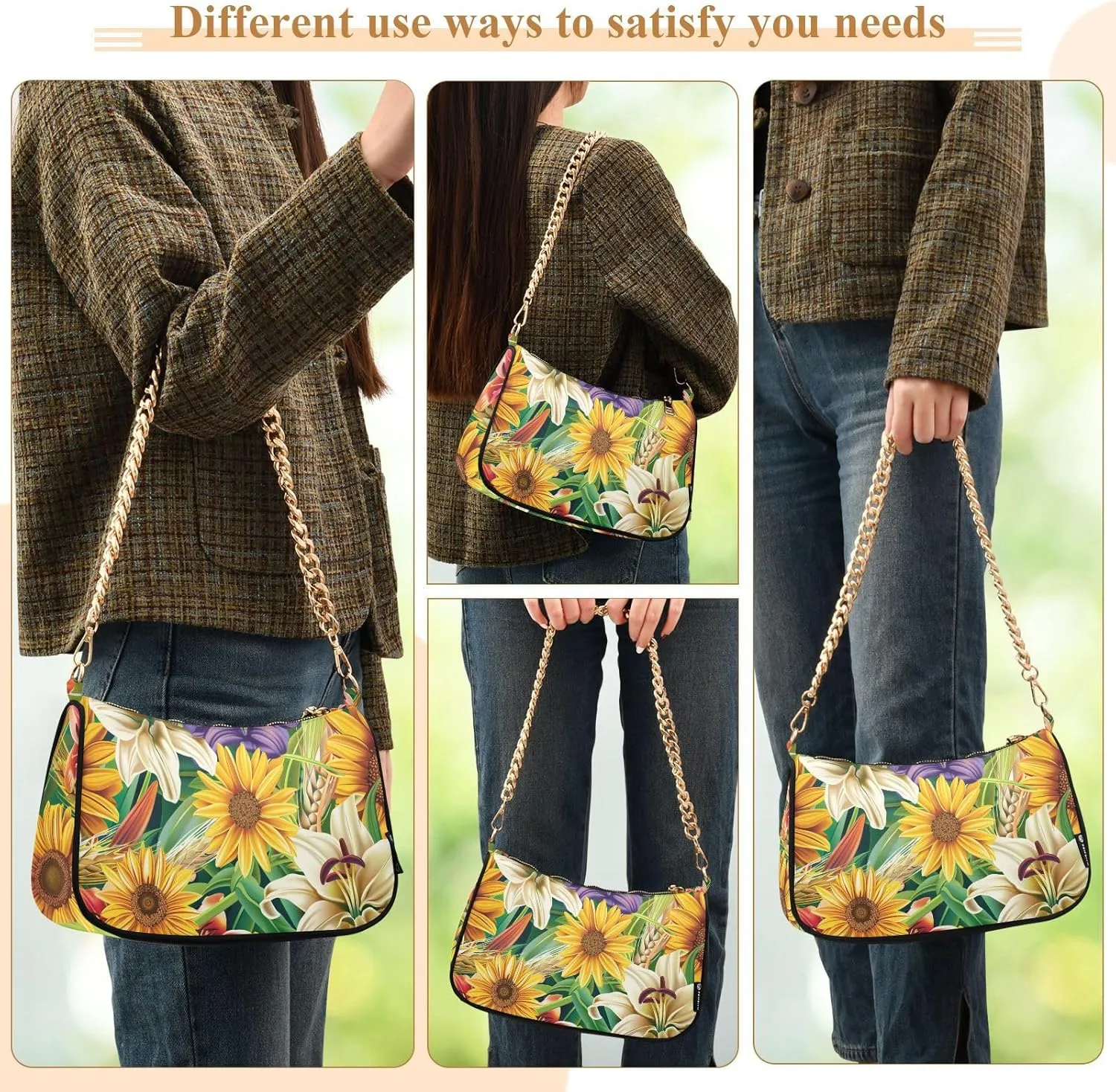 Women Chain Shoulder Purse Bag With Zipper Hobo Tote Clutch Handbags with Gold Chain Strap