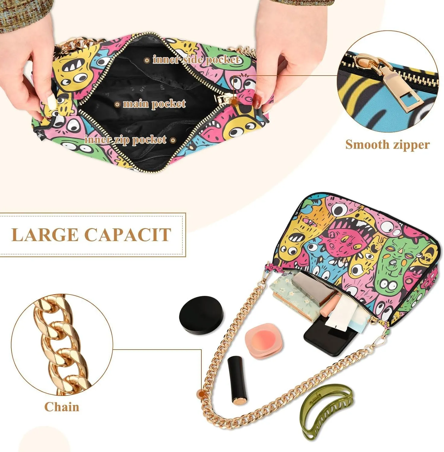 Women Chain Shoulder Purse Bag With Zipper Hobo Tote Clutch Handbags with Gold Chain Strap