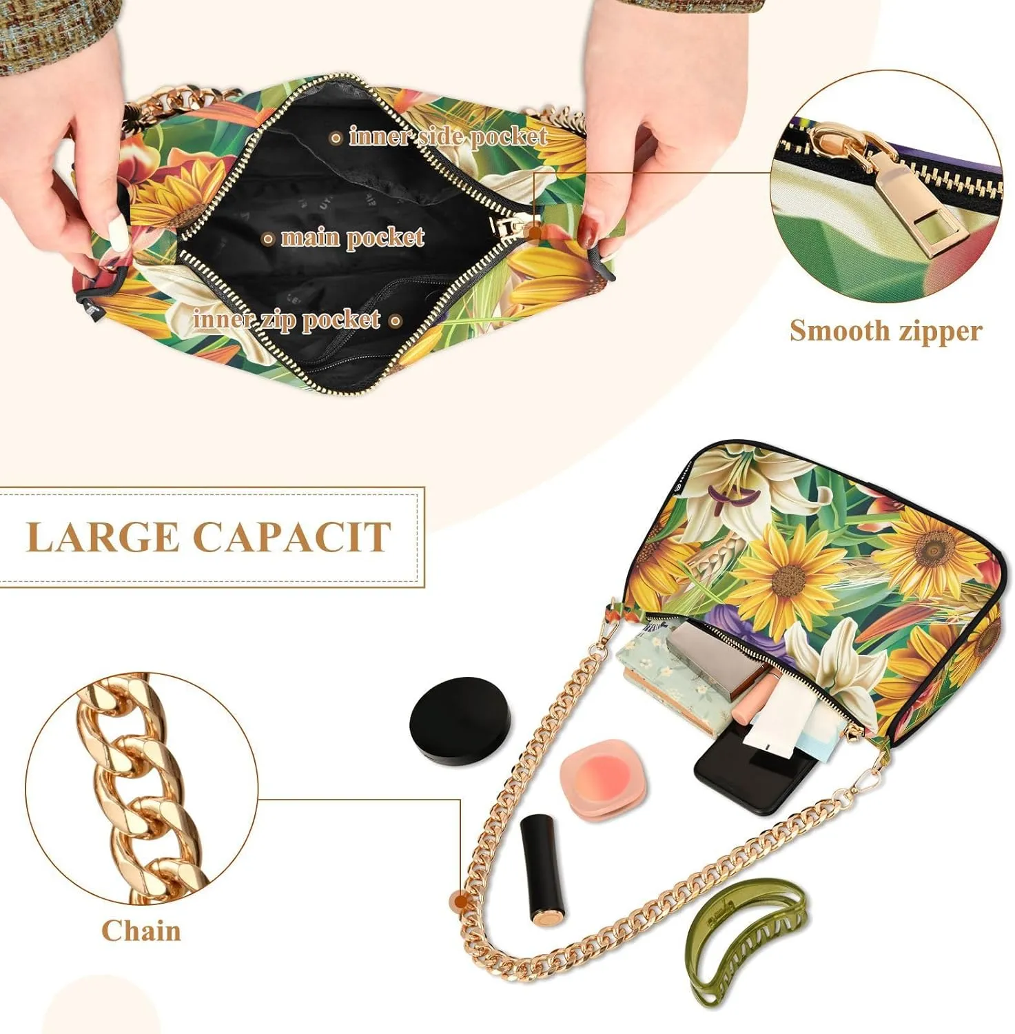 Women Chain Shoulder Purse Bag With Zipper Hobo Tote Clutch Handbags with Gold Chain Strap