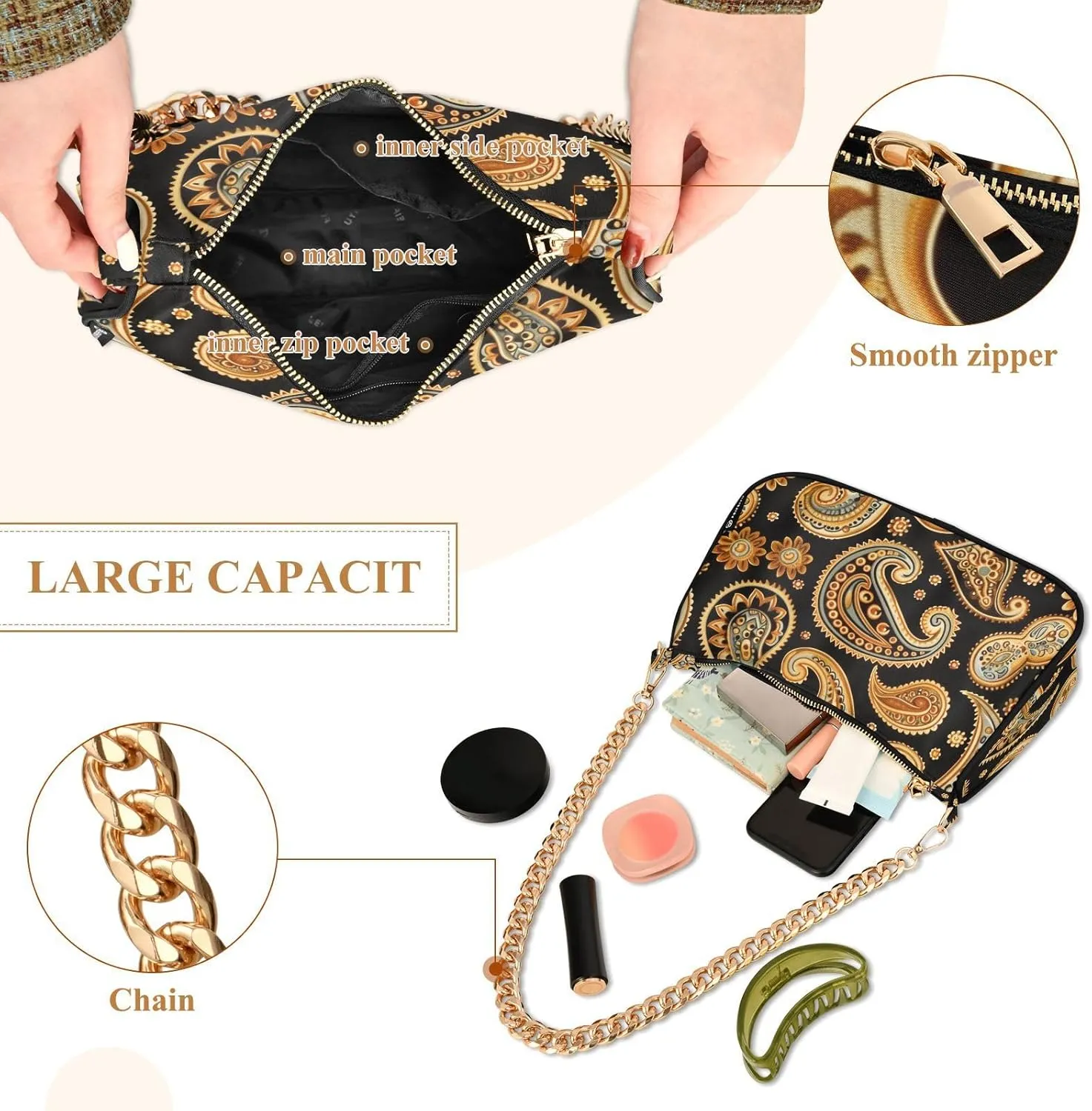 Women Chain Shoulder Purse Bag With Zipper Hobo Tote Clutch Handbags with Gold Chain Strap