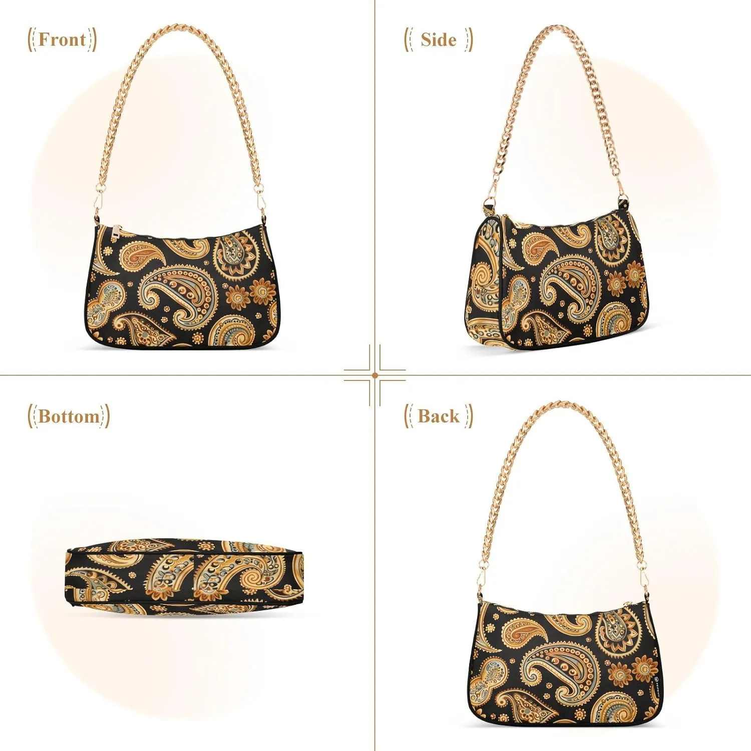 Women Chain Shoulder Purse Bag With Zipper Hobo Tote Clutch Handbags with Gold Chain Strap
