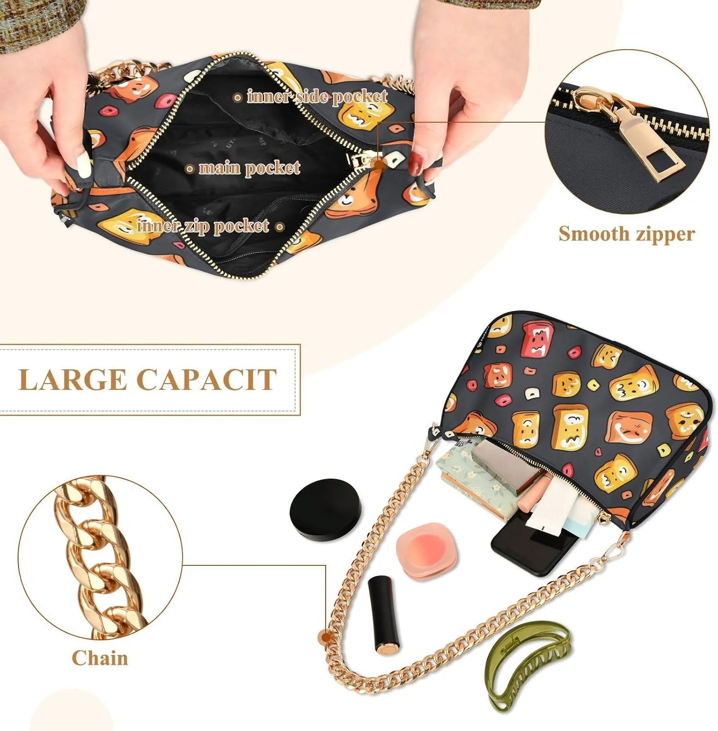 Women Chain Shoulder Purse Bag with Zipper Pocket Mini Small Hobo Tote Clutch Handbags with Gold Chain Strap