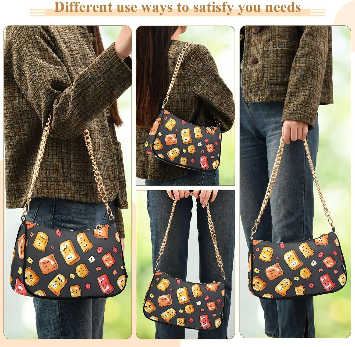 Women Chain Shoulder Purse Bag with Zipper Pocket Mini Small Hobo Tote Clutch Handbags with Gold Chain Strap