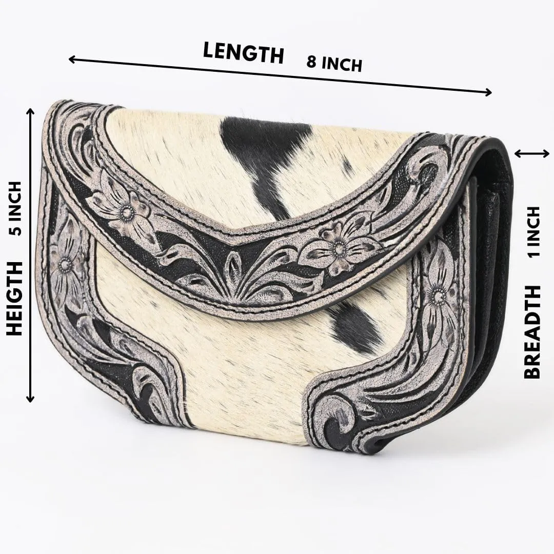 Women Cowhide Hairon and Tooled Leather Western Handmade Ladies Clutch Trifold Wallet