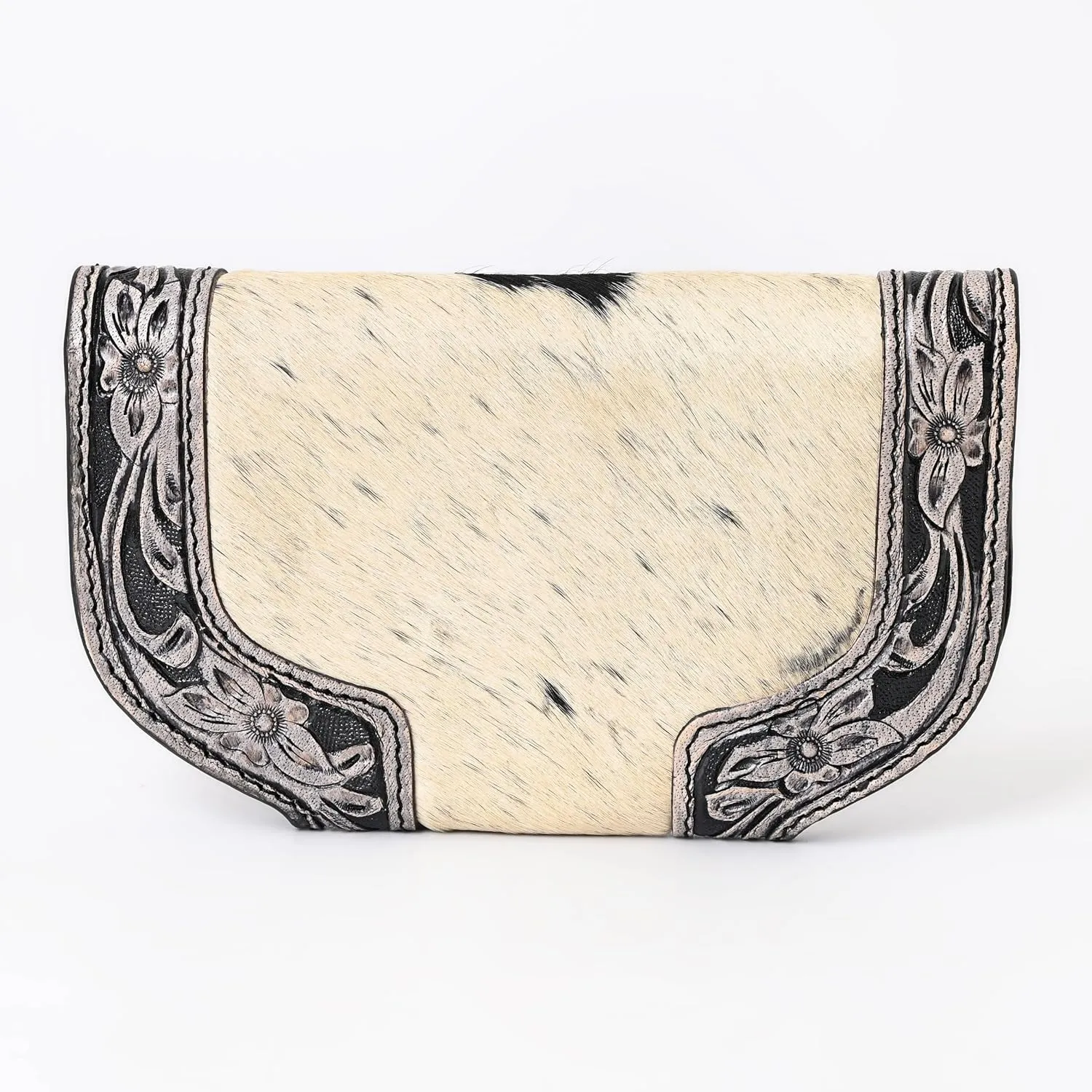 Women Cowhide Hairon and Tooled Leather Western Handmade Ladies Clutch Trifold Wallet