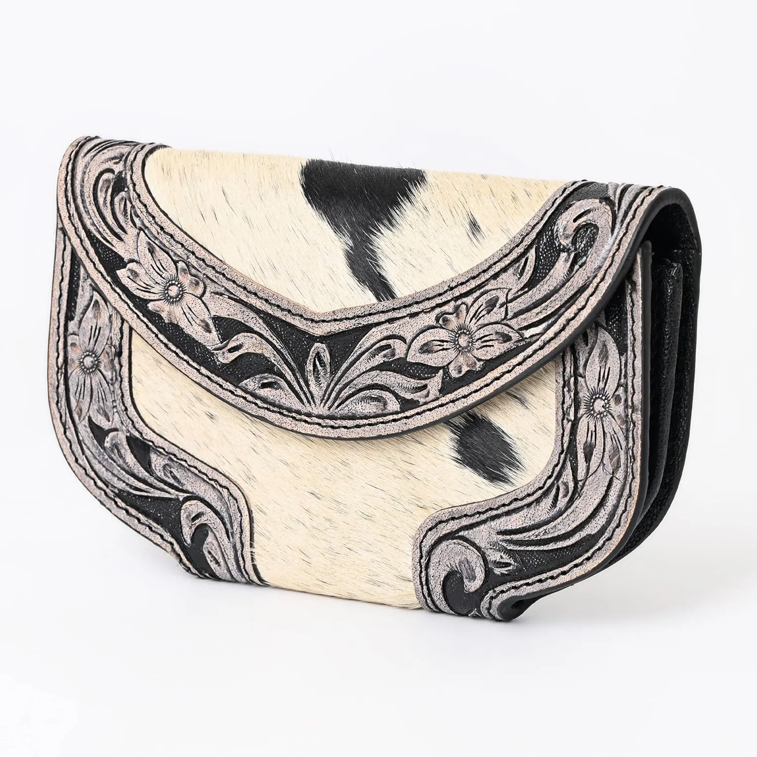 Women Cowhide Hairon and Tooled Leather Western Handmade Ladies Clutch Trifold Wallet