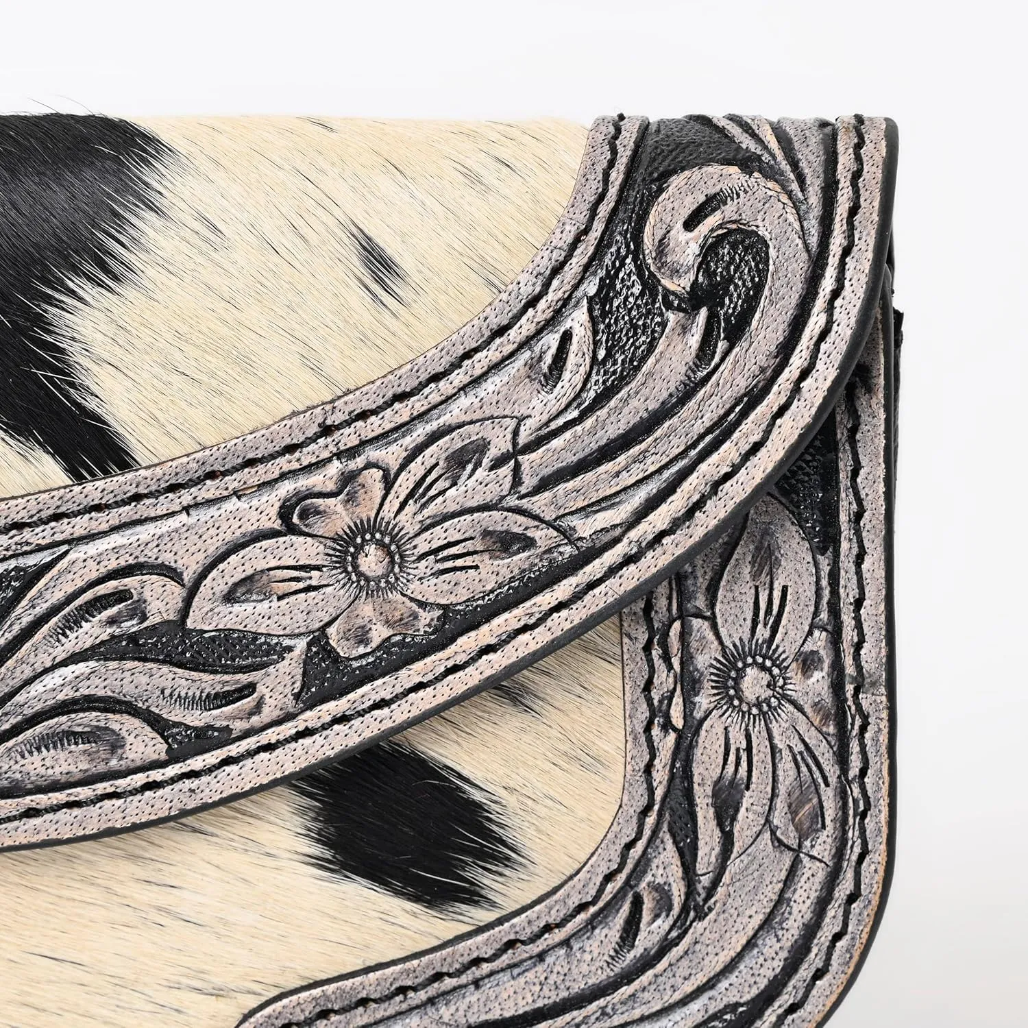 Women Cowhide Hairon and Tooled Leather Western Handmade Ladies Clutch Trifold Wallet