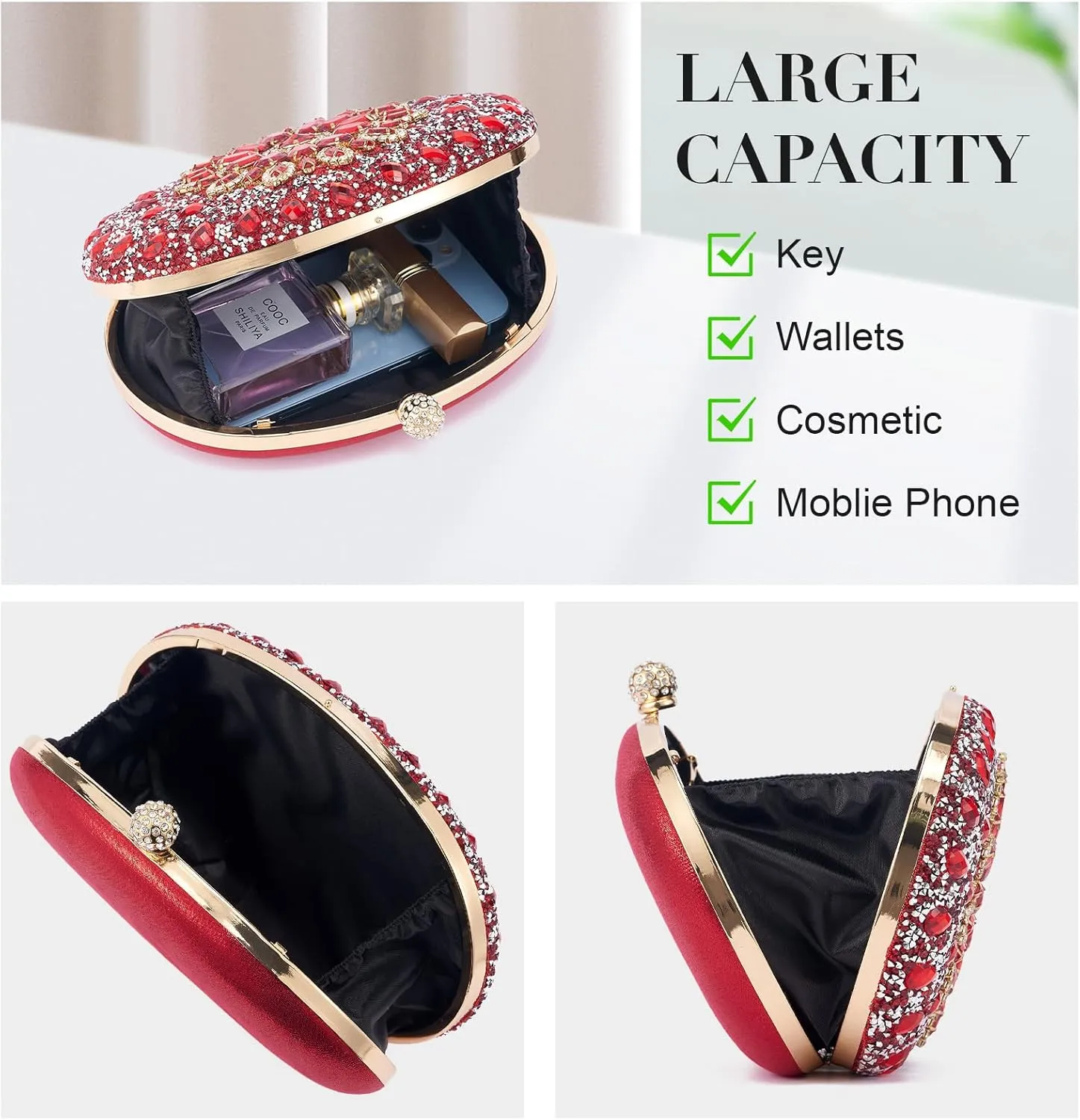 Women Multicolor Rhinestone Evening Clutch Purses Bridal Oval Sparkly Diamond Clutch Bag Crystal Wedding Prom Handbag