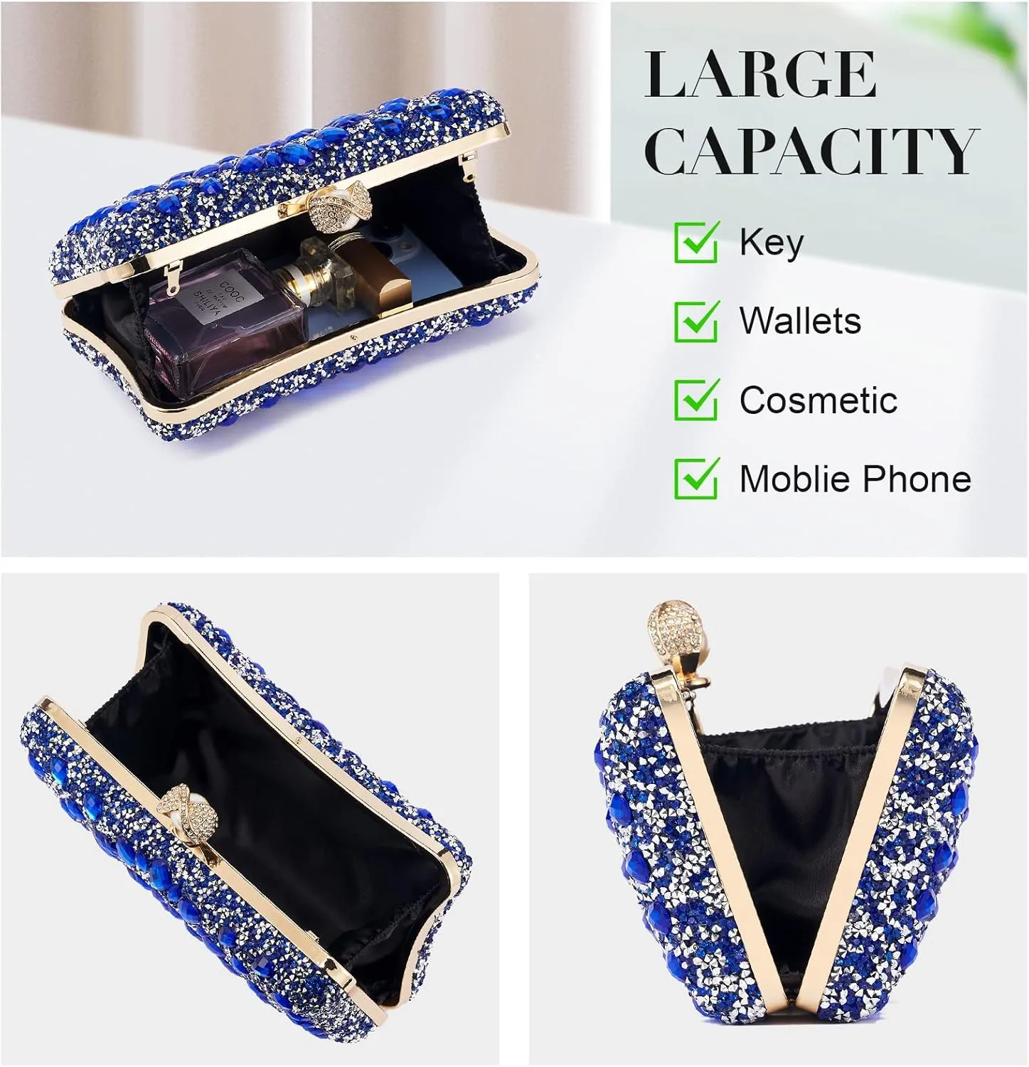 Women Multicolor Rhinestone Evening Clutch Purses Bridal Oval Sparkly Diamond Clutch Bag Crystal Wedding Prom Handbag