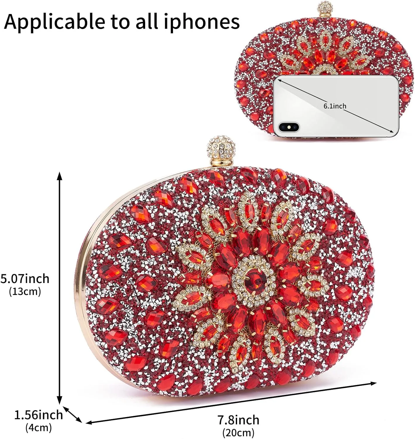 Women Multicolor Rhinestone Evening Clutch Purses Bridal Oval Sparkly Diamond Clutch Bag Crystal Wedding Prom Handbag