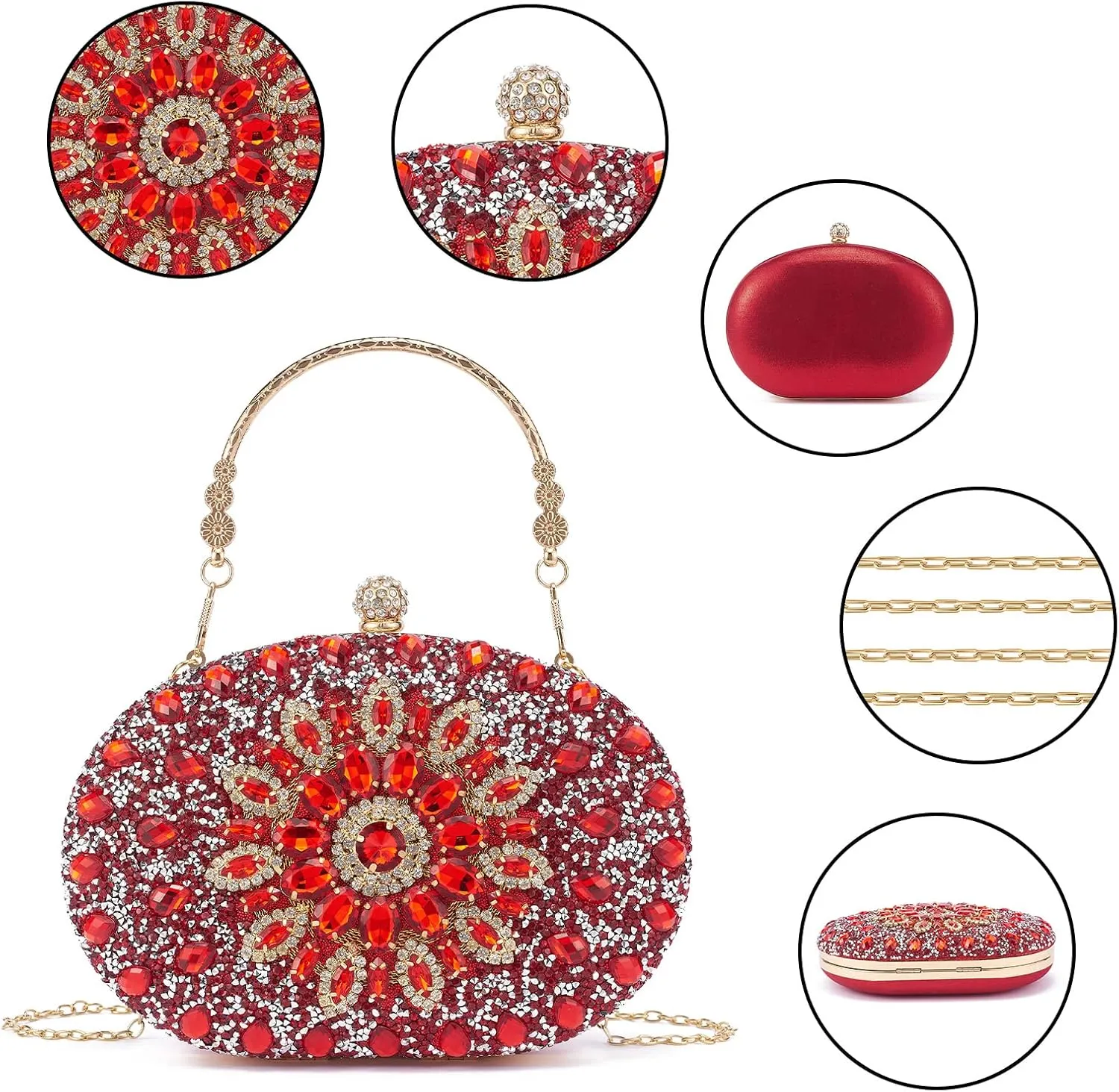 Women Multicolor Rhinestone Evening Clutch Purses Bridal Oval Sparkly Diamond Clutch Bag Crystal Wedding Prom Handbag
