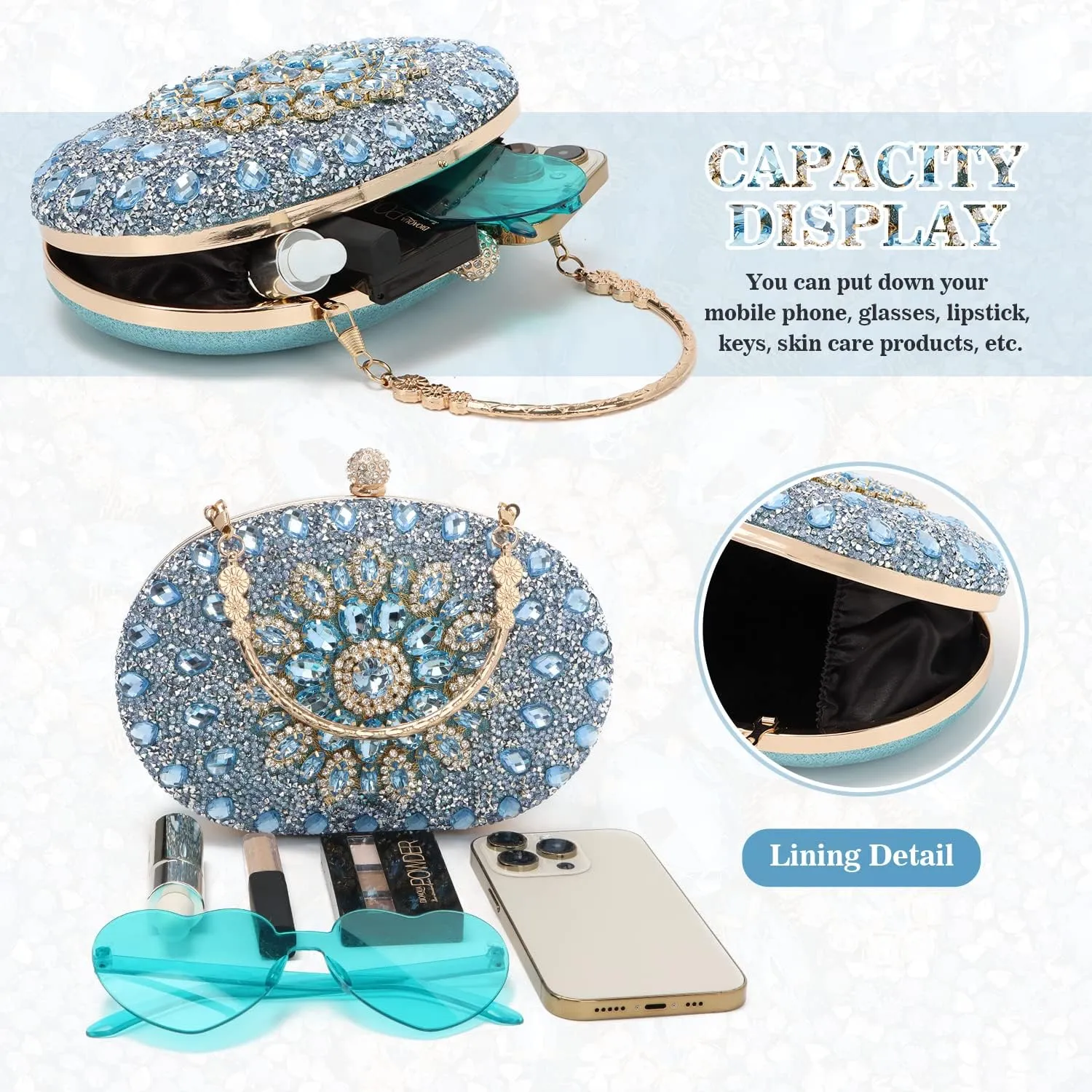 Women Rhinestone Evening Clutch Purse Bag Bling Glitter Sparkly Diamond Tote Bag Crystal Wedding Party Bag