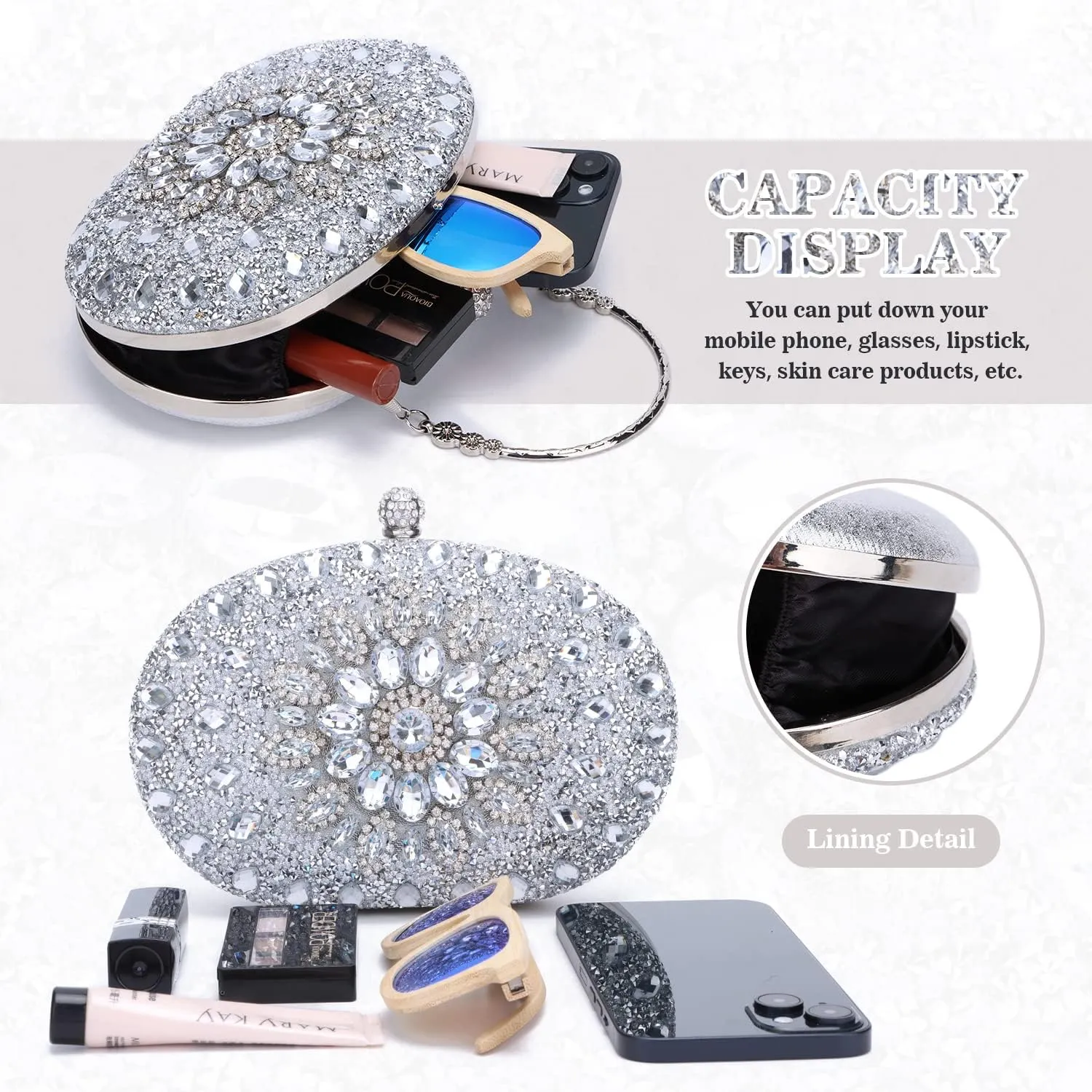 Women Rhinestone Evening Clutch Purse Bag Bling Glitter Sparkly Diamond Tote Bag Crystal Wedding Party Bag