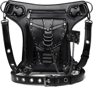 Women Shoulder Bag Black Gothic Rock PU Leather Steampunk Handbag Waist Pack Vintage Punk Shoulder Bag