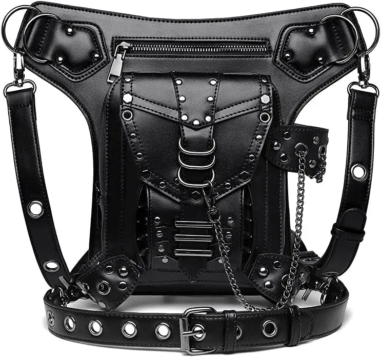 Women Shoulder Bag Black Gothic Rock PU Leather Steampunk Handbag Waist Pack Vintage Punk Shoulder Bag