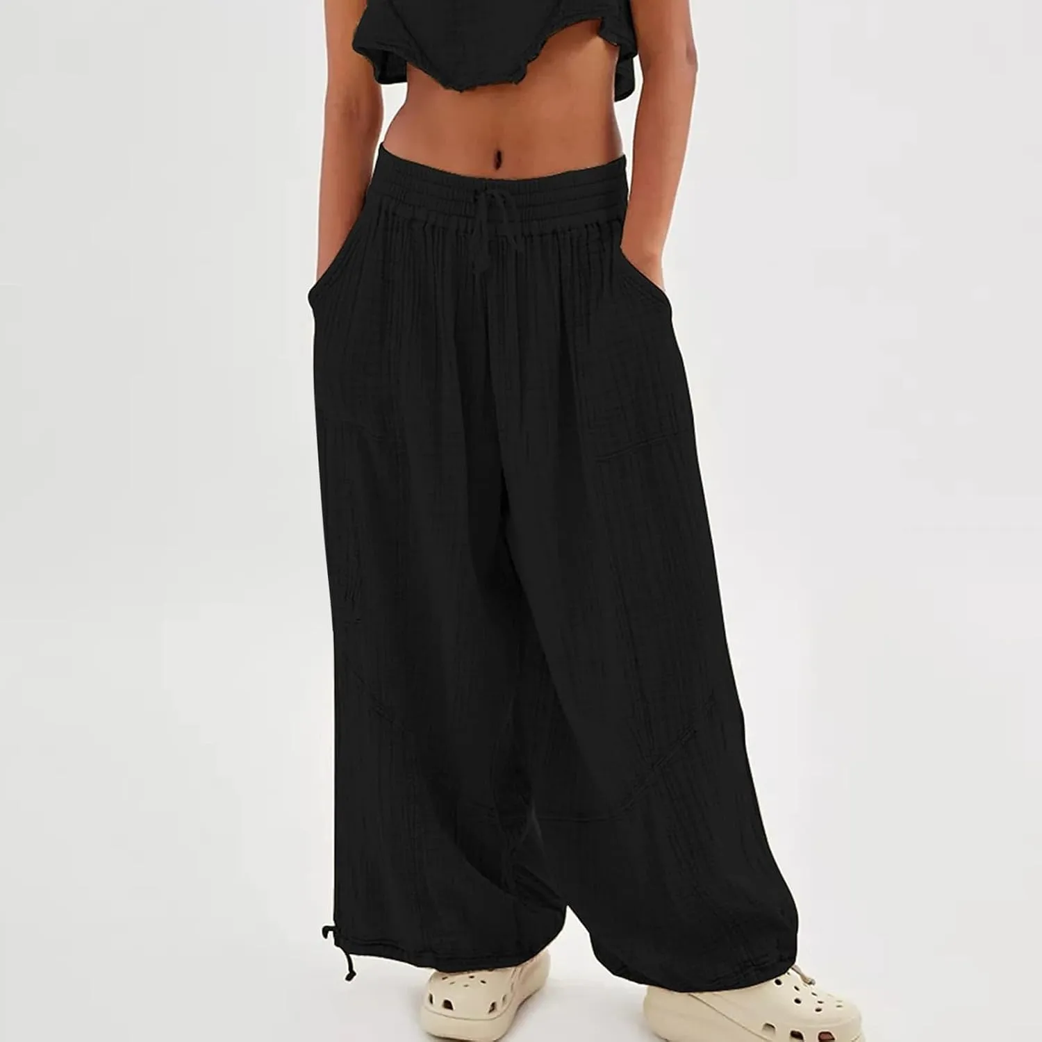 Women's Casual Wide Leg Paperbag Linen Palazzo Pants Summer High Waisted Drawstring Lightweight Boho Hippie Trousers