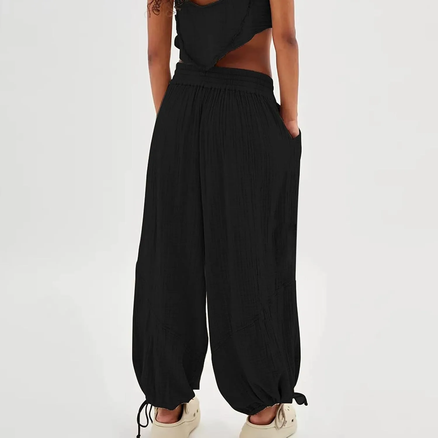 Women's Casual Wide Leg Paperbag Linen Palazzo Pants Summer High Waisted Drawstring Lightweight Boho Hippie Trousers