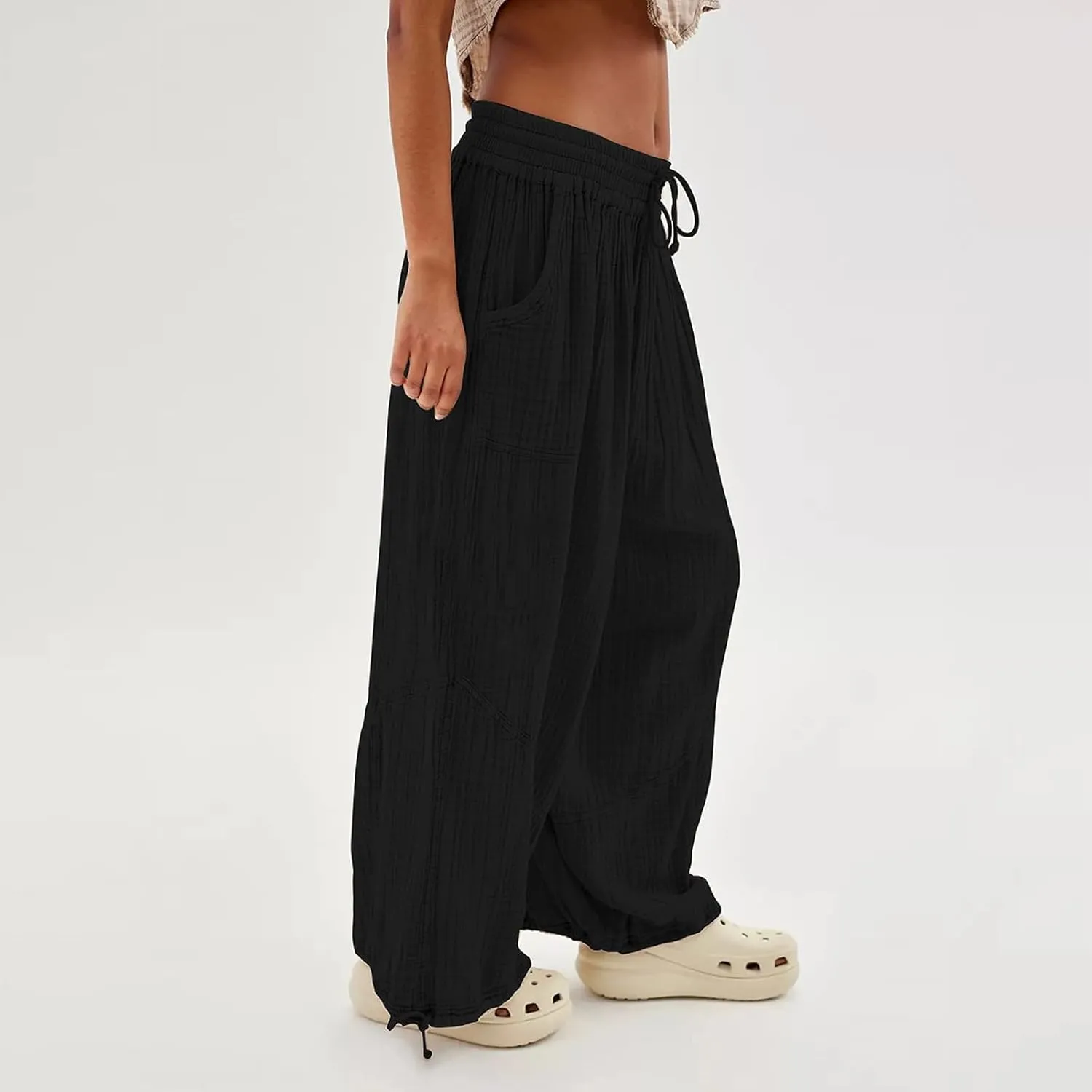 Women's Casual Wide Leg Paperbag Linen Palazzo Pants Summer High Waisted Drawstring Lightweight Boho Hippie Trousers