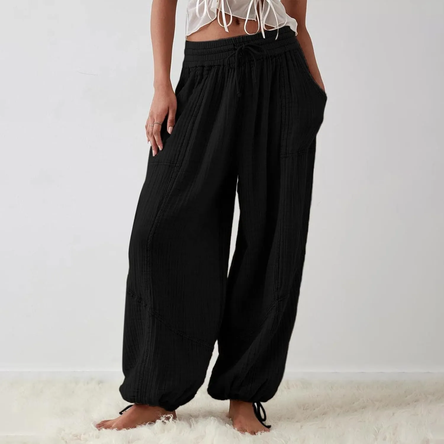 Women's Casual Wide Leg Paperbag Linen Palazzo Pants Summer High Waisted Drawstring Lightweight Boho Hippie Trousers