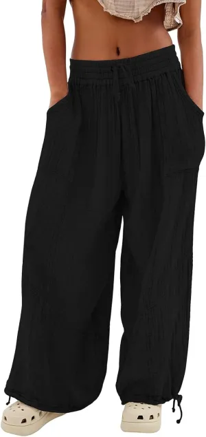 Women's Casual Wide Leg Paperbag Linen Palazzo Pants Summer High Waisted Drawstring Lightweight Boho Hippie Trousers