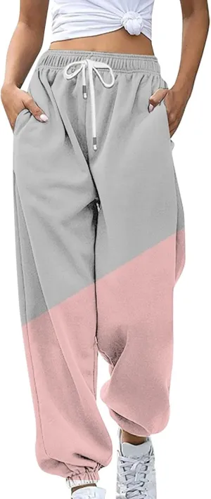 Women's Cute Two Tone Sweatpants Drawstring Elastic Waisted Cinch Bottom Joggers Workout Exercise Loose Slacks for Teen Girls