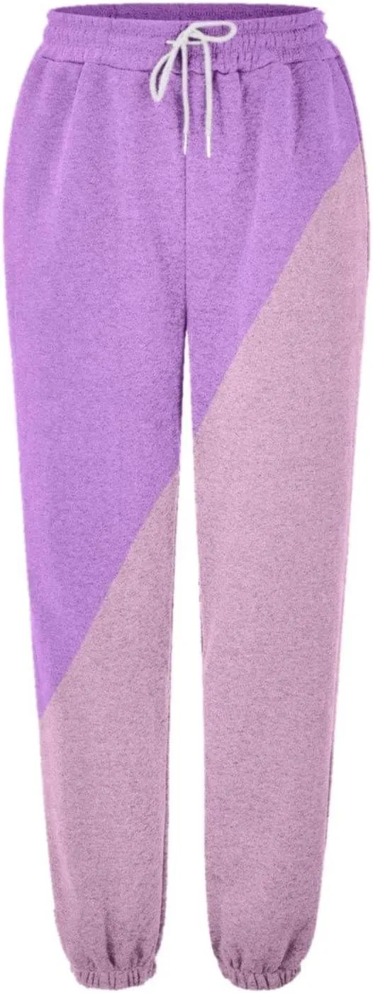 Women's Cute Two Tone Sweatpants Drawstring Elastic Waisted Cinch Bottom Joggers Workout Exercise Loose Slacks for Teen Girls