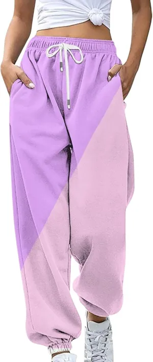 Women's Cute Two Tone Sweatpants Drawstring Elastic Waisted Cinch Bottom Joggers Workout Exercise Loose Slacks for Teen Girls