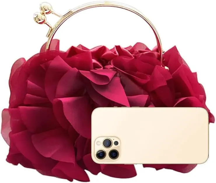 Women's Evening Bag Top-Handle Tote Handbags Satin Flower Dressy Cocktail Wedding Party Purse with Detachable Chain Black