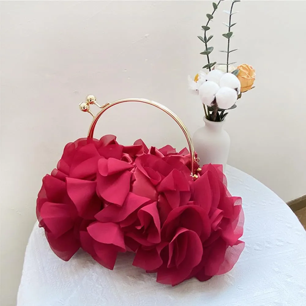Women's Evening Bag Top-Handle Tote Handbags Satin Flower Dressy Cocktail Wedding Party Purse with Detachable Chain Black