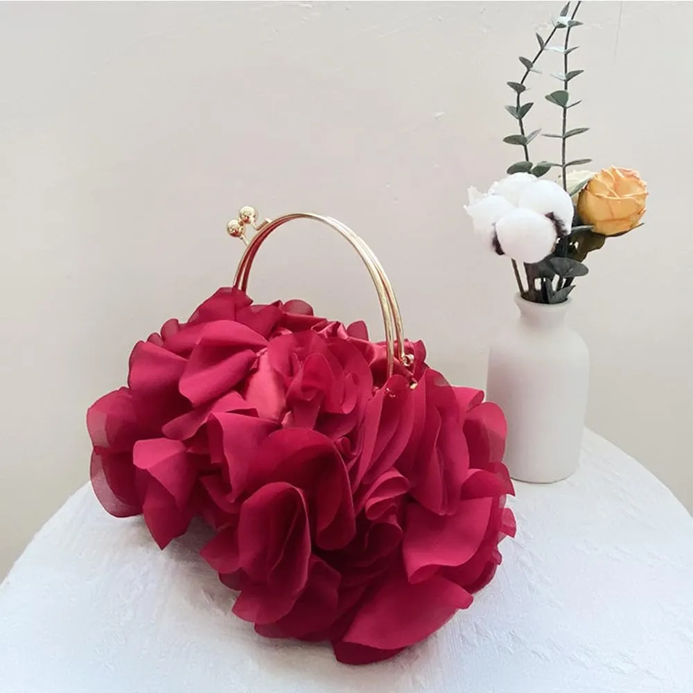 Women's Evening Bag Top-Handle Tote Handbags Satin Flower Dressy Cocktail Wedding Party Purse with Detachable Chain Black