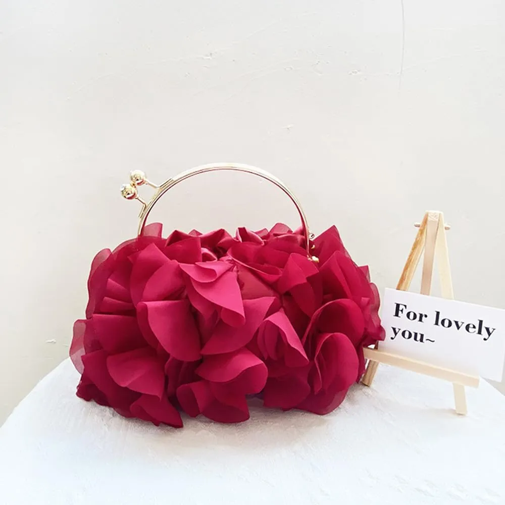 Women's Evening Bag Top-Handle Tote Handbags Satin Flower Dressy Cocktail Wedding Party Purse with Detachable Chain Black