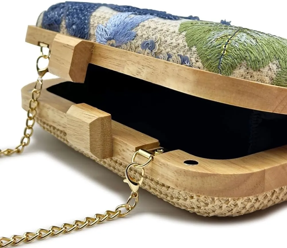 Women's Floral Embroidery Purse Sequin Beaded Evening Party Purses Straw Woven Clutch Bag