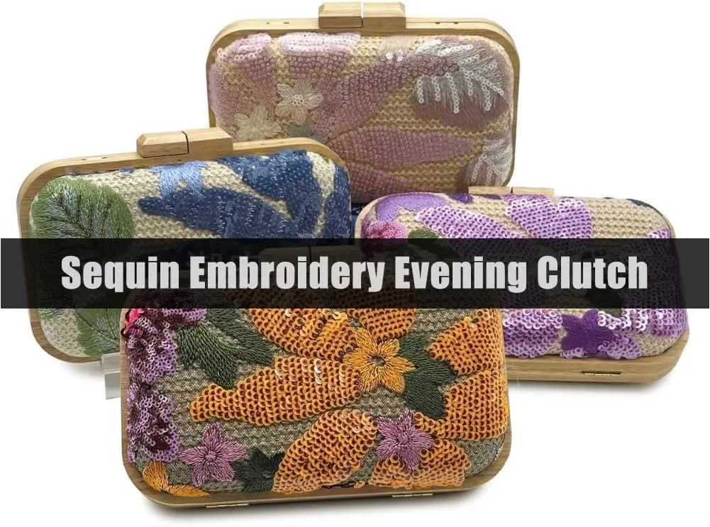 Women's Floral Embroidery Purse Sequin Beaded Evening Party Purses Straw Woven Clutch Bag