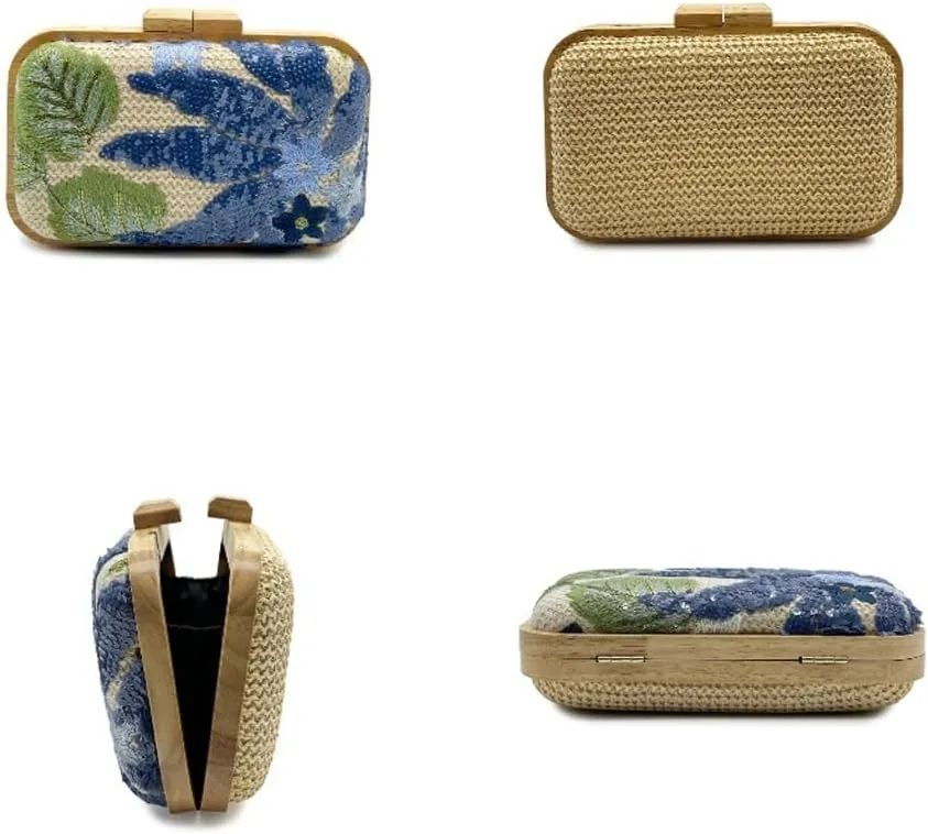 Women's Floral Embroidery Purse Sequin Beaded Evening Party Purses Straw Woven Clutch Bag