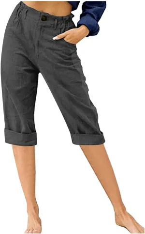 Women's Folded Hem Cotton Linen Shorts Elastic Waist Shorts Long Shorts Below The Knee Pocket Sporty Shorts