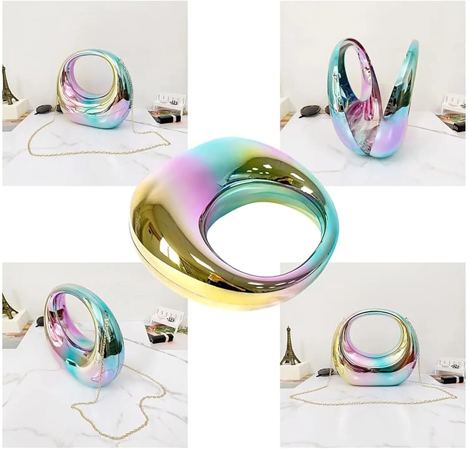 Women's Formal Acrylic Metallic Clutch Purses Wedding Guest Crescent Evening Bag with Chain
